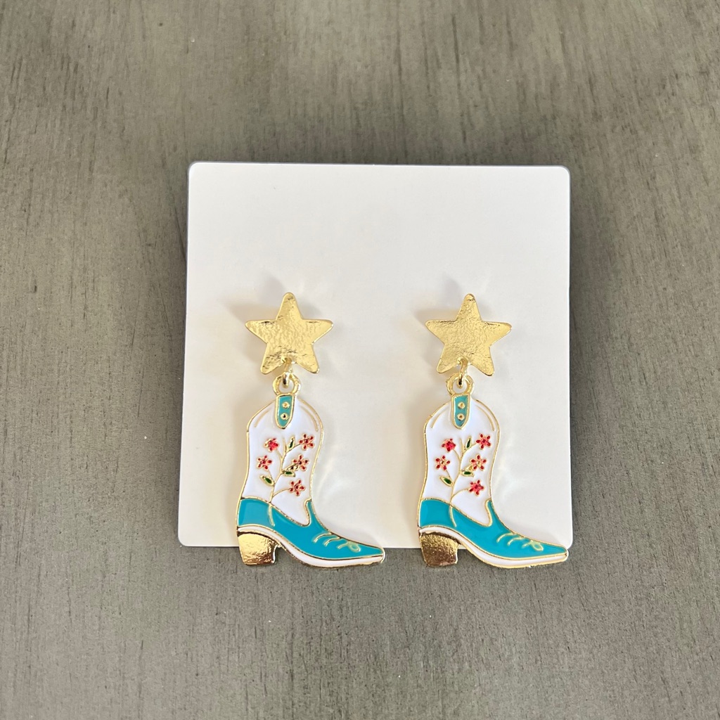 Blue Aqua Flower Floral Boho Western Gold Star Post Cowboy Boot 2